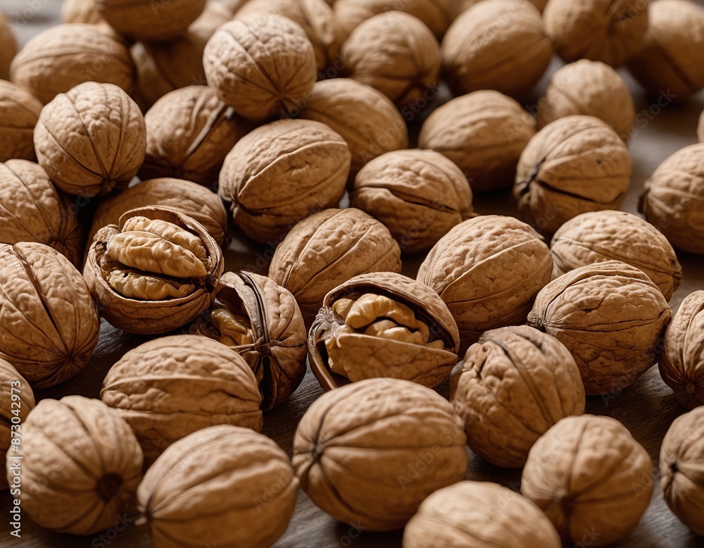 Walnut Delicacy: A Scattered Feast of Cracked Walnuts on a Warm Kitchen Table Walnut Delicacy: A Scattered Feast of Cracked Walnuts on a Warm Kitchen Table