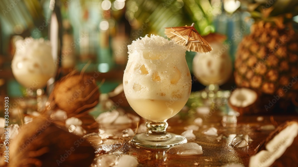 Coconut Pineapple Cocktail on a Tropical Bar Coconut Pineapple Cocktail on a Tropical Bar