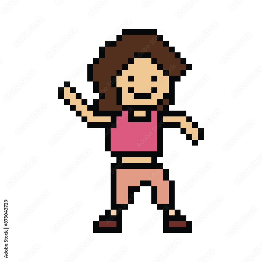 Fototapeta premium Cute pixel cartoon 8bit character woman exercises training dance lifestyle music decoration life style 8 bit female girl dance with music game fitness isolated PNG vector.