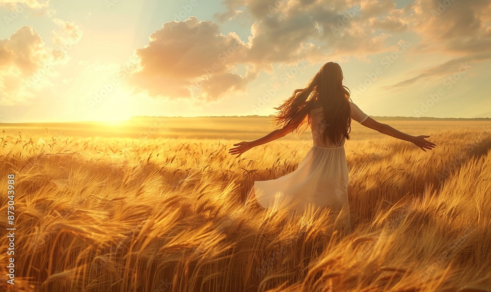 woman embracing nature in wheat field. woman embracing nature in wheat field.