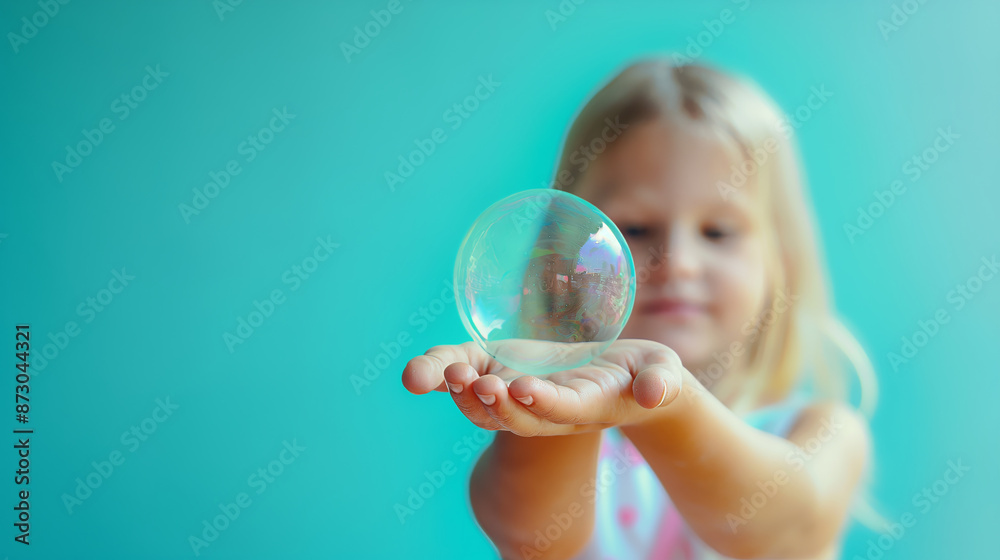 Little blonde girl holding a single bubble against a vibrant blue background. Little blonde girl holding a single bubble against a vibrant blue background.