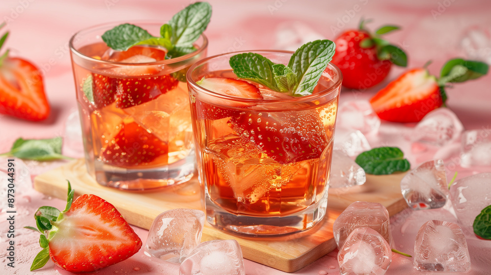 Red sweet cold party drink in elegant shot glass with ice cubes, strawberry slice, green mint on pastel soft pink color background, white wood board. Red sweet cold party drink in elegant shot glass with ice cubes, strawberry slice, green mint on pastel soft pink color background, white wood board.