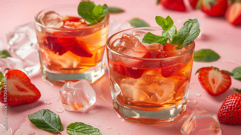 Red sweet cold party drink in elegant shot glass with ice cubes, strawberry slice, green mint on pastel soft pink color background, white wood board. Red sweet cold party drink in elegant shot glass with ice cubes, strawberry slice, green mint on pastel soft pink color background, white wood board.