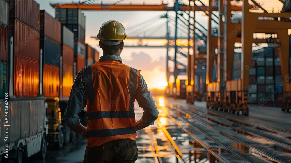 A worker in a safety vest supervises efficient freight operations at a bustling cargo port A worker in a safety vest supervises efficient freight operations at a bustling cargo port
