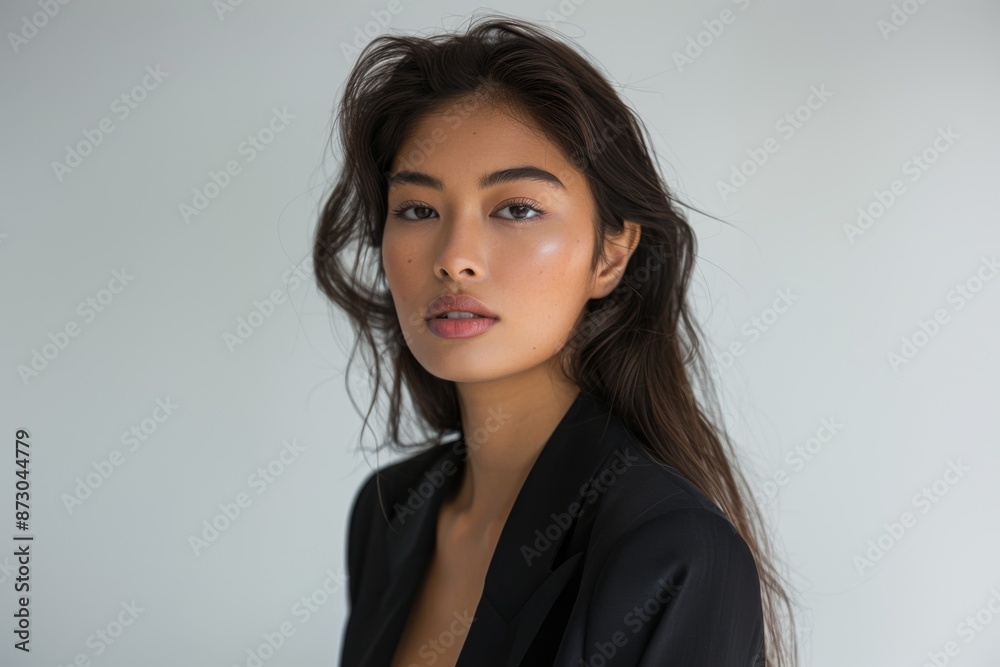 A high-quality portrait of a female model against a white background in a photo studio setting A high-quality portrait of a female model against a white background in a photo studio setting