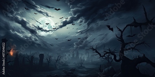 Spooky moon in cloudy sky with bats Halloween night