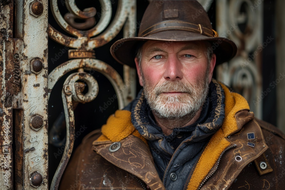 Mature Man Wearing a Brown Hat Standing by a Rusty Metal Gate Mature Man Wearing a Brown Hat Standing by a Rusty Metal Gate