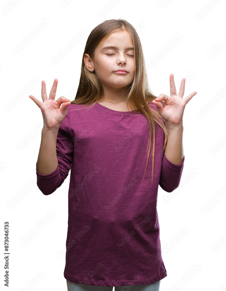 Young beautiful girl over isolated background relax and smiling with eyes closed doing meditation gesture with fingers. Yoga concept. Young beautiful girl over isolated background relax and smiling with eyes closed doing meditation gesture with fingers. Yoga concept.