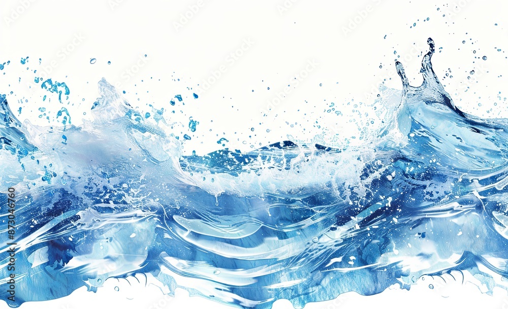 Hyperrealistic Close-Up of a Water Wave on a White Background with Blue Water, High Resolution and Detail, Clear and Clean Design, Transparent Glass Effect, Light Color Theme in Shades of Sky-Blue or Hyperrealistic Close-Up of a Water Wave on a White Background with Blue Water, High Resolution and Detail, Clear and Clean Design, Transparent Glass Effect, Light Color Theme in Shades of Sky-Blue or