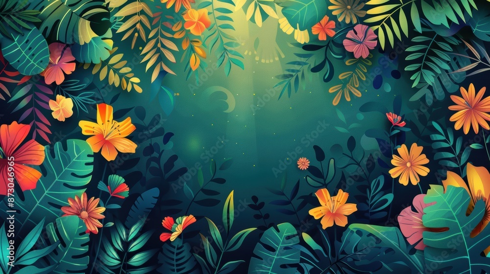 A lush, tropical garden with a variety of flowers and plants. The colors are vibrant and the atmosphere is magical. A lush, tropical garden with a variety of flowers and plants. The colors are vibrant and the atmosphere is magical.