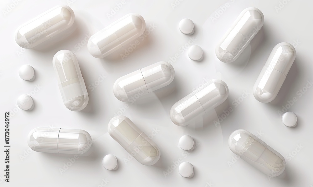 Set of scattered capsules on a white background. capsule bottles isolated on transparent background, capsule pharmacy bottle pill drug concept Set of scattered capsules on a white background. capsule bottles isolated on transparent background, capsule pharmacy bottle pill drug concept