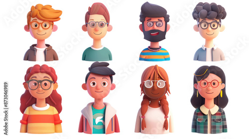 A set of 3D character icons with various hairstyles, skin tones, and clothing.