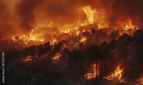 Wildfire forest fire burning down a town, climate change © Olha