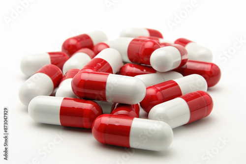 Red and white pills stacked on an isolated white background.