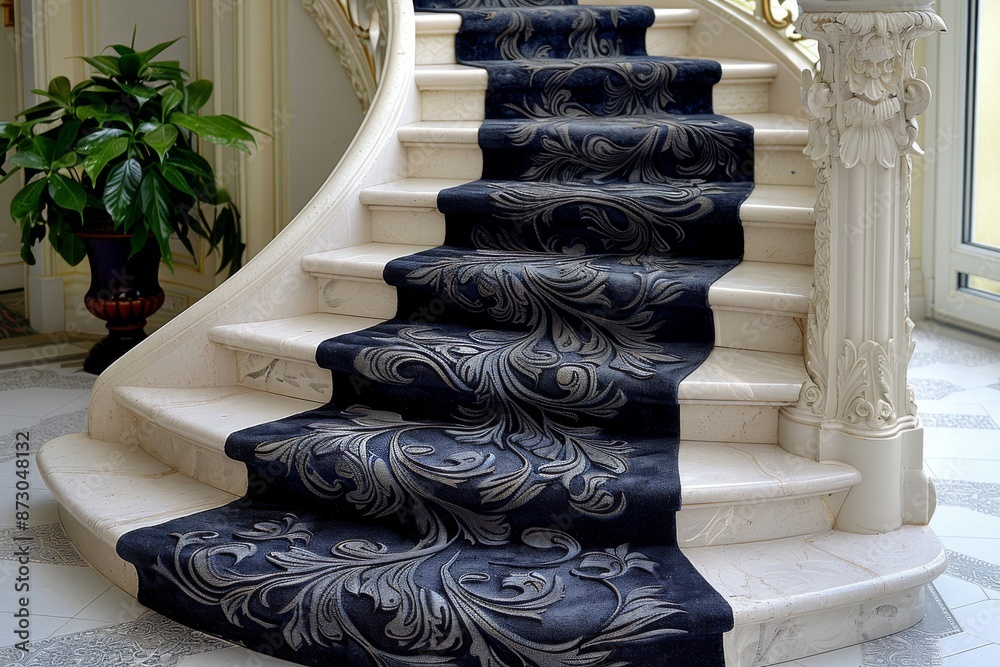 Fototapeta premium Elegant Blue And Silver Patterned Stair Runner In A White Staircase