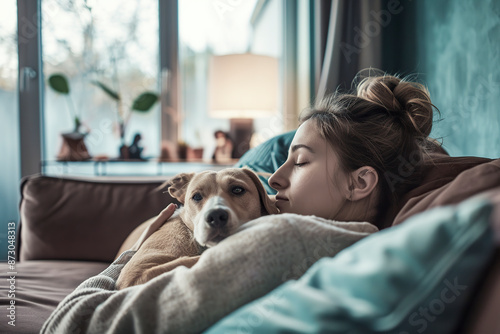 Wallpaper Mural Young woman cuddling with her dog on a cozy sofa at home. Comfort and companionship concept Torontodigital.ca