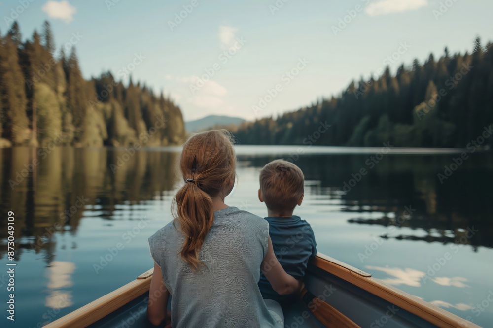 Mother and son are enjoying the tranquility of a lake surrounded by lush green forests, creating cherished memories together Mother and son are enjoying the tranquility of a lake surrounded by lush green forests, creating cherished memories together