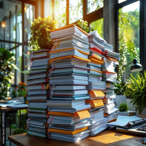 A large stack of books and papers sits on a desk in a sunny office. photo