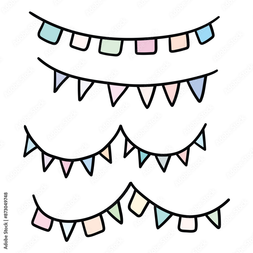Hand drawn cartoon set of colorful garlands on a white background. Concept anniversary, birthday, holidays. Hand drawn cartoon set of colorful garlands on a white background. Concept anniversary, birthday, holidays.