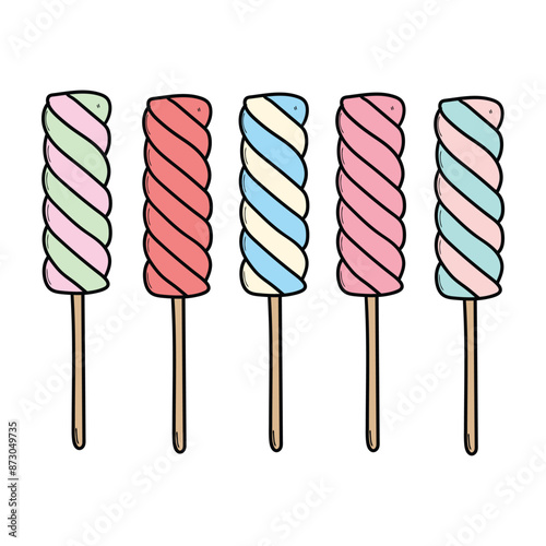 Hand drawn cartoon set of colored marshmallows candies on white background. Concept sweet and junk food.