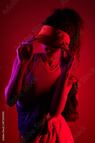 A young woman poses in a studio bathed in red neon light. She wears a sporty outfit and a visor.