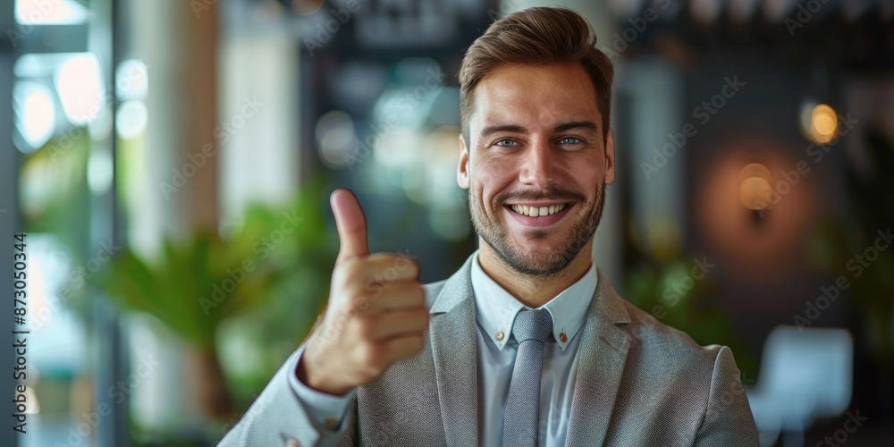 Obraz premium Confident Smiling Businessman Showing Thumbs Up Gesture in Office