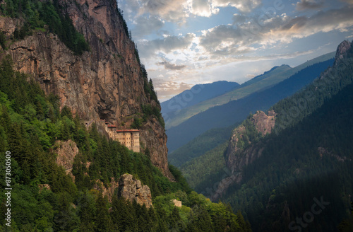 Sumela monastery courtyard under the rock. Remains of old fresco are seen on several walls.Macka, Trabzon, photo