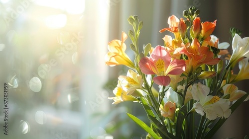Indoor bouquet of spring freesias in sunlight blank space for text