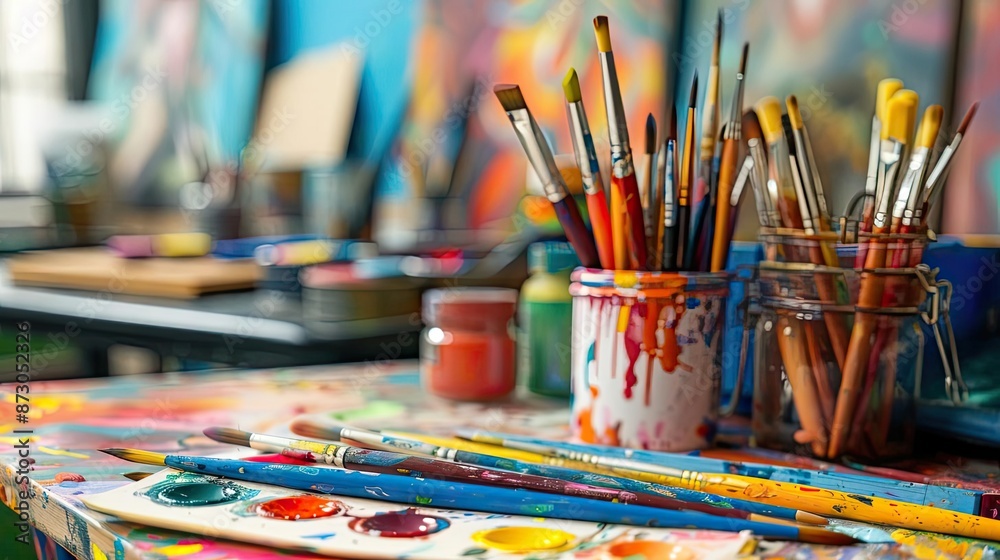 Colorful artist's studio table with paintbrushes, paint jars, and vibrant paintings in the background, showcasing creative chaos. Colorful artist's studio table with paintbrushes, paint jars, and vibrant paintings in the background, showcasing creative chaos.