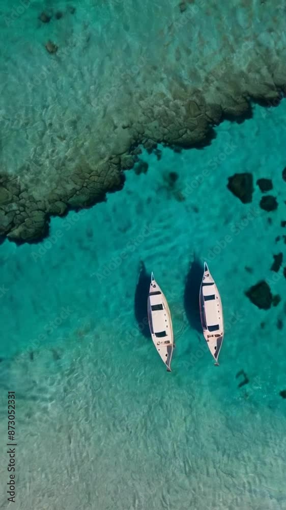 Vertical shot of a boat in the turquoise water