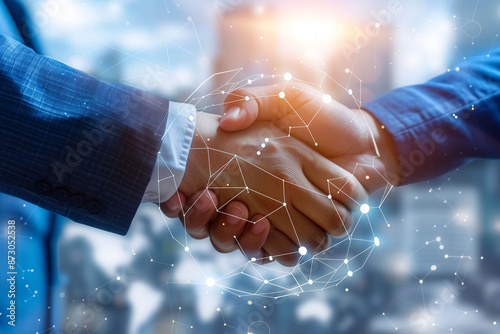 Close-up of two business people shaking hands with a digital network overlay, symbolizing modern partnerships and connections.