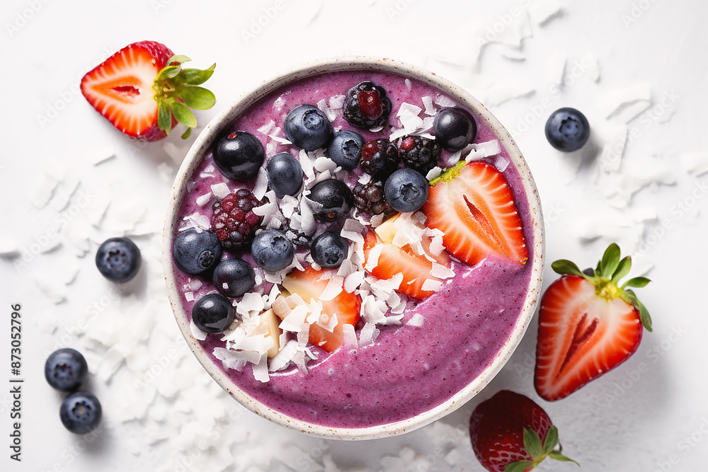 A Berry Smoothie Bowl Topped with Fresh Fruits and Coconut Shavings. A Berry Smoothie Bowl Topped with Fresh Fruits and Coconut Shavings.