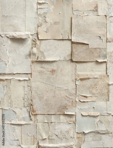 An unprimed canvas with pieces of script and collaged aged papers painted in muted light beige and ivory colors. Delicate minimalistic watercolors and thin black line sketches photo