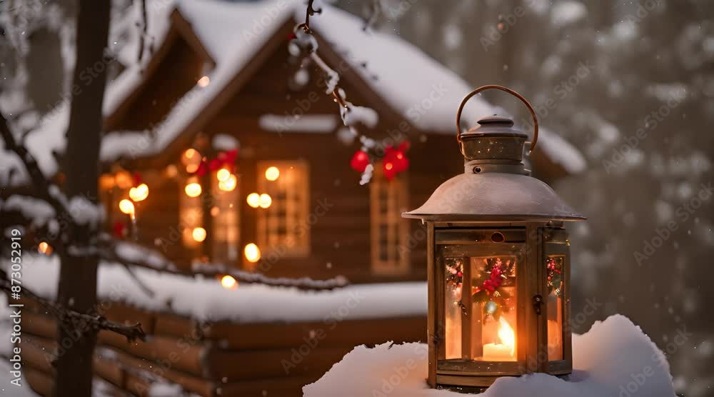 A glowing Christmas candlelight lantern, adorned with holly and red ribbons, sits on a snow-covered pine branch A glowing Christmas candlelight lantern, adorned with holly and red ribbons, sits on a snow-covered pine branch