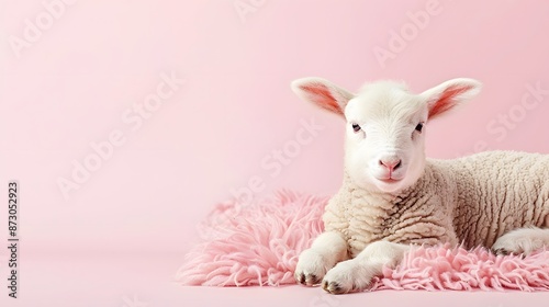 Adorable Lamb on Pink Furry Blanket.