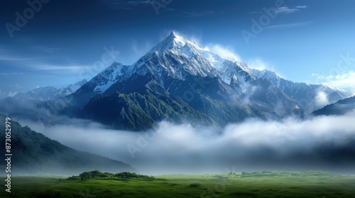 A mountain range with a cloudy sky and a mountain peak in the distance. The sky is blue and the mountains are covered in snow. The scene is peaceful and serene