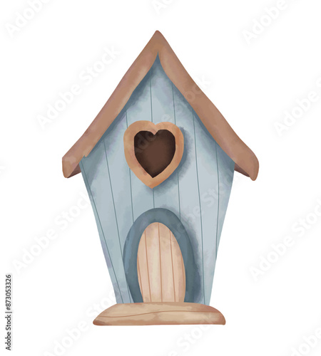 Watercolor birdhouse with bird in the shape of heart. Vector illustration.