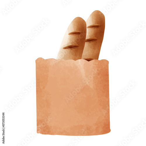 Baguette bread in paper bag. Hand drawn vector illustration.