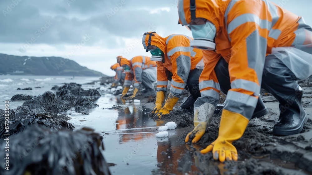 A group of people in orange and yellow protective gear are kneeling on the beach. They are wearing gloves and masks and are looking at something in the water A group of people in orange and yellow protective gear are kneeling on the beach. They are wearing gloves and masks and are looking at something in the water