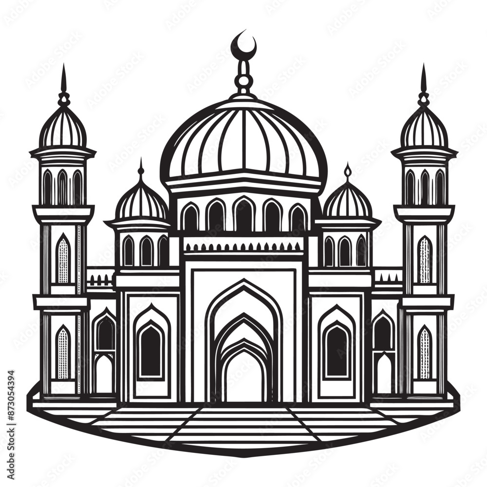 Mosque line art drawing islamic ornament background.
