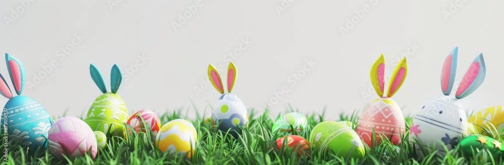 Easter bunny ears on a meadow in the grass with colored eggs. Banner border 3D rendering