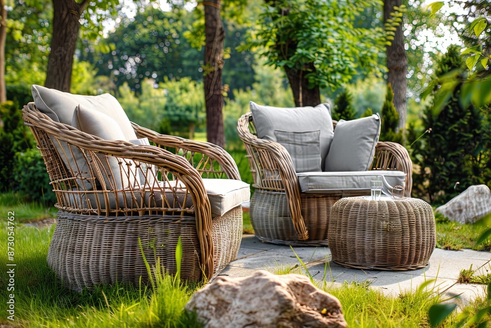 Fototapeta premium Two wicker chairs and a matching wicker table sit on a patio surrounded by lush green grass and trees, enjoying a summer day. Generative AI