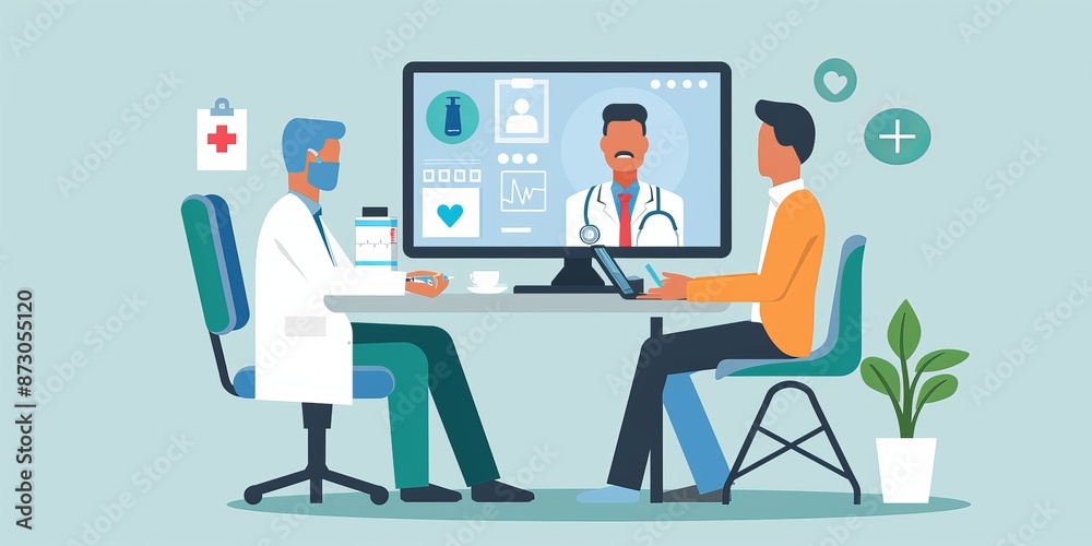 A telemedicine consultation between a doctor and a patient, highlighting the convenience of virtual healthcare A telemedicine consultation between a doctor and a patient, highlighting the convenience of virtual healthcare