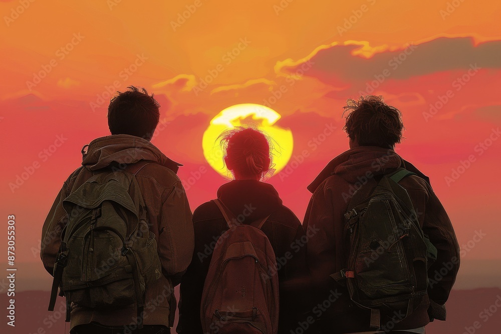 Scenic photography of friends watching sunset, backpacks, orange and yellow sky, peaceful and reflective moment Scenic photography of friends watching sunset, backpacks, orange and yellow sky, peaceful and reflective moment