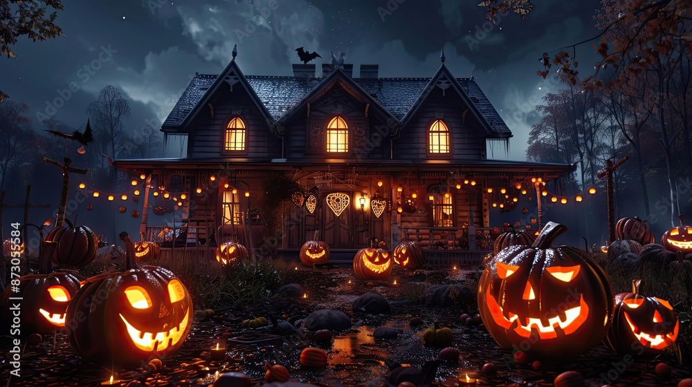 Spooky Halloween night with glowing jack-o'-lanterns and a haunted house decorated for the festive season. Spooky Halloween night with glowing jack-o'-lanterns and a haunted house decorated for the festive season.