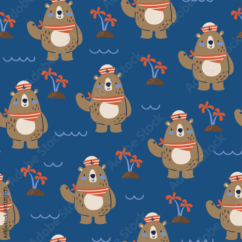 pattern design for baby fashion with cute camper bear drawing as vector