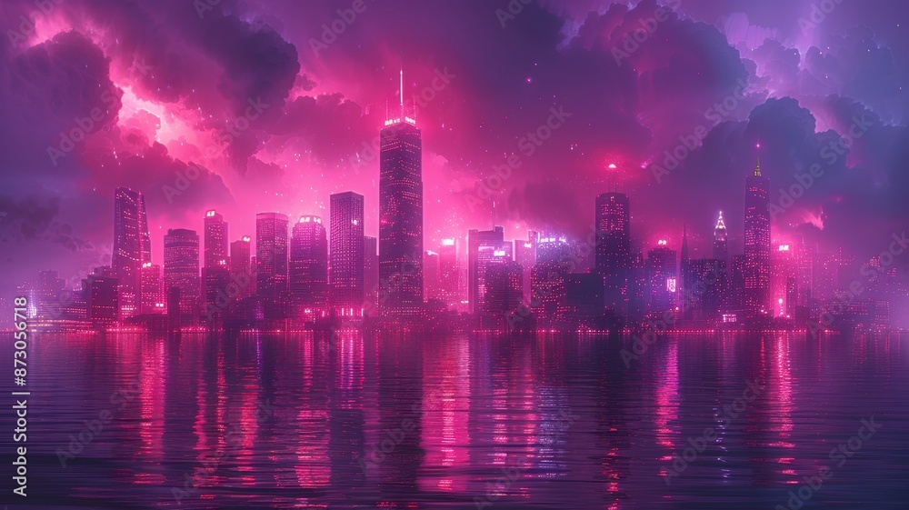 Vibrant, neon-lit futuristic cityscape with a glowing skyline, shrouded in pinkish-purple hues and reflected on a serene body of water.