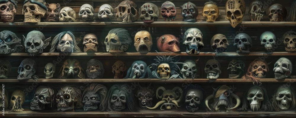 Collection of various detailed and elaborate skull masks displayed on shelves, perfect for horror and Halloween themes. Collection of various detailed and elaborate skull masks displayed on shelves, perfect for horror and Halloween themes.