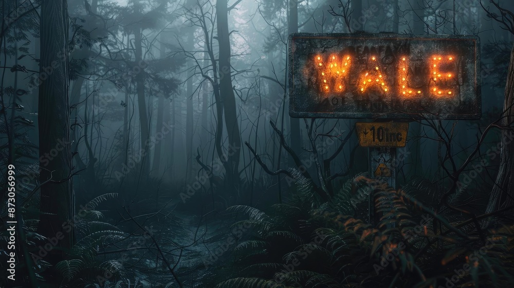 Obraz premium Eerie, foggy forest scene with an illuminated sign reading 'VALE.' The atmosphere is mysterious and dark, perfect for horror or fantasy themes.