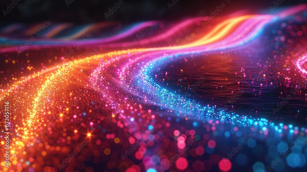Vibrant abstract light trails of sparkling particles on a dark background, creating a dynamic and colorful visual effect. Vibrant abstract light trails of sparkling particles on a dark background, creating a dynamic and colorful visual effect.